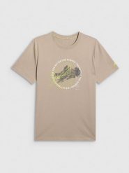 4F T-shirt regular z nadrukiem męski - beżowy L. Brązowe t-shirty męskie 4f, l, bez wzorów, z bawełny, bez kołnierzyka, bez ramiączek. Za 69.99 zł.