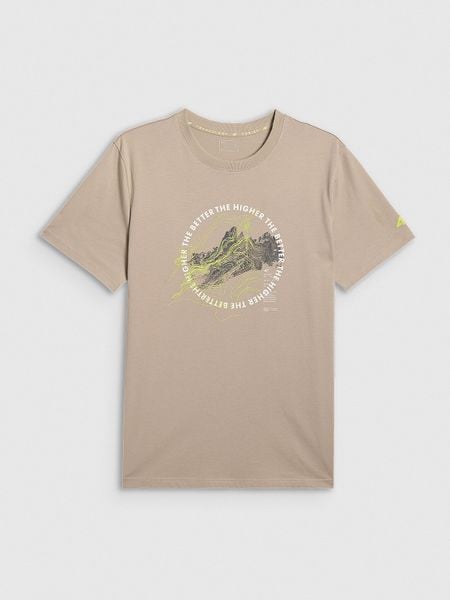 4F T-shirt regular z nadrukiem męski - beżowy L. Brązowe t-shirty męskie 4f, l, bez wzorów, z bawełny, bez kołnierzyka, bez ramiączek. Za 69.99 zł.