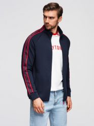 Bluza męska rozpinana z lampasami i wysoką stójką – granatowa V3 - Rozmiar: XL. Niebieskie bluzy rozpinane męskie Ombre Clothing, m, bez wzorów, z bawełny, sportowe, bez ramiączek, bez kaptura. Za 209.99 zł.