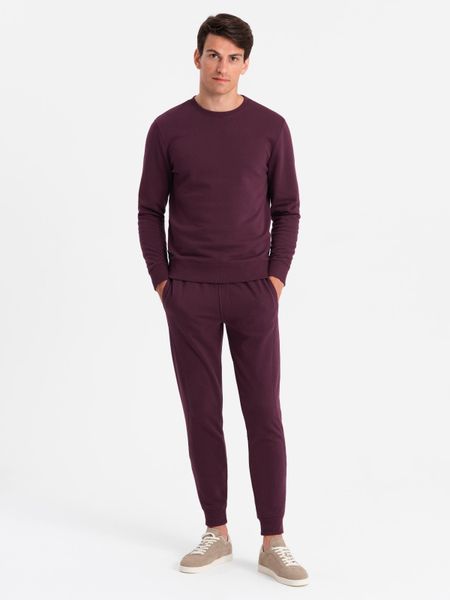 Dresowy bawełniany komplet męski BASIC bluza nierozpinana + joggery – bordowy V3 - Rozmiar: M. Czerwone bluzy nierozpinane męskie Ombre Clothing, m, bez wzorów, z bawełny, bez ramiączek, bez kaptura. Za 269.99 zł.