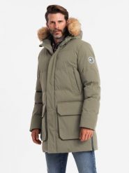 Długa męska kurtka parka z rozpinanym dołem – ciemnooliwkowa V4 - Rozmiar: XL. Zielone parki męskie Ombre Clothing, m, z aplikacjami, z gumy. W wyprzedaży za 309.99 zł.