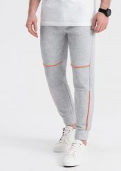 Ombre Spodnie męskie dresowe z kontrastowymi przeszyciami - szary melanż V3 OM-PASK-0145 XXL. Szare długie spodnie sportowe męskie Ombre, bez wzorów, z dresówki. Za 59.99 zł.
