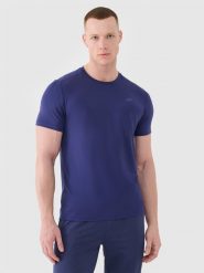 4F Koszulka treningowa szybkoschnąca męska - granatowa S. Niebieskie t-shirty męskie 4f, m, bez wzorów, z dzianiny, bez kołnierzyka, bez ramiączek. W wyprzedaży za 59.99 zł.