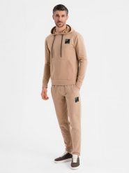 Komplet dresowy męski bluza z kapturem + spodnie dresowe - brązowy V3. Brązowe bluzy nierozpinane męskie Ombre Clothing, m, bez wzorów, z bawełny, wizytowe, bez ramiączek, z kapturem. W wyprzedaży za 299.99 zł.