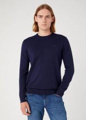WRANGLER CREWNECK KNIT MĘSKI SWETER ELEGANCKI CIEPŁY LOGO NAVY 112343109 W8A0018103. Niebieskie swetry męskie Wrangler, bez wzorów, z bawełny, eleganckie, bez kołnierzyka, bez ramiączek. W wyprzedaży za 129.99 zł.