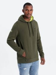 Bluza męska z kapturem z kieszenią na zamek - oliwkowa V2 - Rozmiar: L. Zielone bluzy z kapturem męskie Ombre Clothing, l, bez wzorów, z bawełny, z kapturem. W wyprzedaży za 69.99 zł.