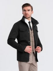 Lekka kurtka męska z wysokim kołnierzem i kieszeniami – czarna V1 OM-JALP-0167 - XXL. Czarne kurtki męskie Ombre Clothing, l, z aplikacjami, z materiału, klasyczne, bez ramiączek, bez kaptura. Za 191.99 zł.