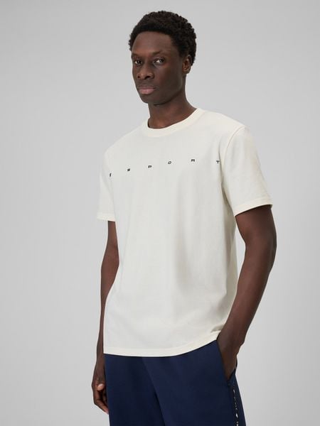4F T-shirt regular z nadrukiem męski - beżowy S. Brązowe t-shirty męskie 4f, m, bez wzorów, z dzianiny, bez kołnierzyka, bez ramiączek. Za 59.99 zł.