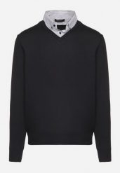 Granatowy Sweter z Wełną i Koszulowym Kołnierzykiem Espirra. Niebieskie swetry męskie Born2be, bez wzorów, z wełny, biznesowe, bez kołnierzyka, bez ramiączek. Za 59.99 zł.
