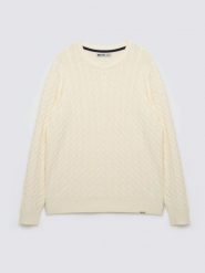 Sweter męski ze splotem warkoczowym i haftem kremowy Niser100. Białe swetry męskie Big Star, bez wzorów, z bawełny, eleganckie, bez kołnierzyka, bez ramiączek. Za 229.99 zł.