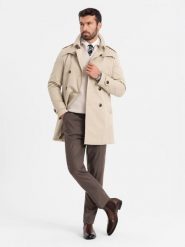 Elegancki męski płaszcz trencz SLIM FIT z paskiem – beżowy V1 - Rozmiar: XL. Brązowe płaszcze męskie Ombre Clothing, m, bez wzorów, z materiału, eleganckie, bez kaptura. W wyprzedaży za 314.99 zł.