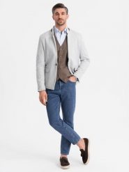 Męska melanżowa marynarka z dodatkiem rayonu ze stójką – szary melanż V4 - Rozmiar: XL. Szare marynarki męskie Ombre Clothing, l, bez wzorów, z materiału. W wyprzedaży za 322.49 zł.