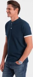 Ombre Koszulka męska polo bez kołnierzyka - granatowa V4 OM-TSCT-0156 S. Koszulki polo męskie Ombre, m, bez wzorów, bez kołnierzyka, bez ramiączek. Za 79.99 zł.