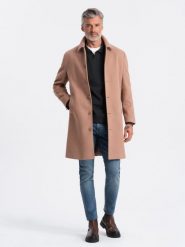 Jednorzędowy męski długi płaszcz z kołnierzykiem i podpinką – brązowy V2 OM-COWC-0106 - XXL. Brązowe płaszcze męskie Ombre Clothing, l, bez wzorów, z materiału, eleganckie, bez kaptura. Za 365.99 zł.