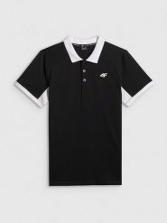 4F Koszulka polo regular męska - czarna S. Czarne koszulki polo męskie 4f, m, bez wzorów, z dzianiny, biznesowe, bez kołnierzyka, bez ramiączek. Za 119.99 zł.