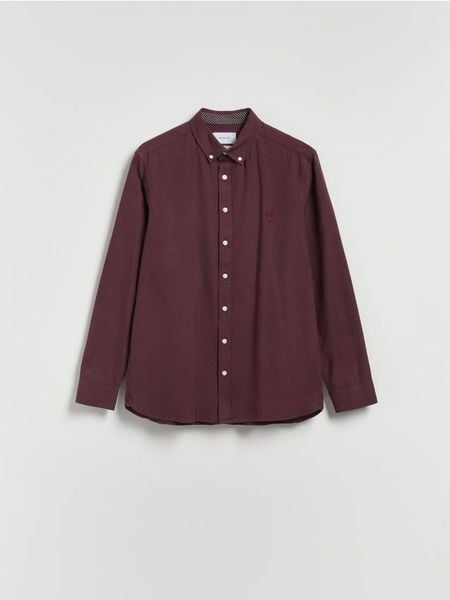 Bawełniana koszula slim fit - bordowy. Czerwone koszule męskie Reserved, l, bez wzorów, z bawełny, bez kołnierzyka, bez ramiączek. Za 129.99 zł.