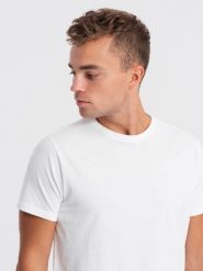 T-shirt męski klasyczny bawełniany BASIC - biały V14 OM-TSBS-0146 - L. Białe t-shirty męskie Ombre Clothing, l, bez wzorów, z bawełny, bez kołnierzyka, bez ramiączek. W wyprzedaży za 24.99 zł.
