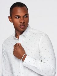 Klasyczna męska bawełniana koszula SLIM FIT w kotwice - biała V3 - Rozmiar: XL. Białe koszule męskie Ombre Clothing, m, bez wzorów, z bawełny, bez kołnierzyka, bez ramiączek. W wyprzedaży za 69.99 zł.