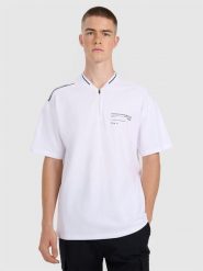 4F Koszulka polo oversize męska - biała L. Białe koszulki polo męskie 4f, l, bez wzorów, z materiału, sportowe, bez kołnierzyka, bez ramiączek. Za 99.99 zł.