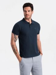 Jednokolorowa koszulka męska polo BASIC z dzianiny pique - granatowa V2 OM-POBS-0100 4XL. Koszulki polo męskie Ombre, m, bez wzorów, z dzianiny, bez kołnierzyka, bez ramiączek. Za 149.78 zł.