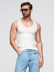 Męska bawełniana koszulka basic na ramiączkach – biała V1 - Rozmiar: S. Białe t-shirty męskie Ombre Clothing, m, bez wzorów, z bawełny, bez kołnierzyka, bez ramiączek. W wyprzedaży za 19.99 zł.