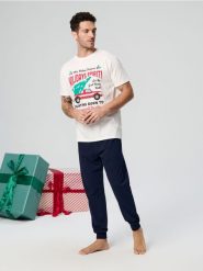 Piżama - kremowy. Białe piżamy męskie Sinsay, l, bez wzorów, z bawełny, bez kołnierzyka, bez ramiączek. Za 49.99 zł.