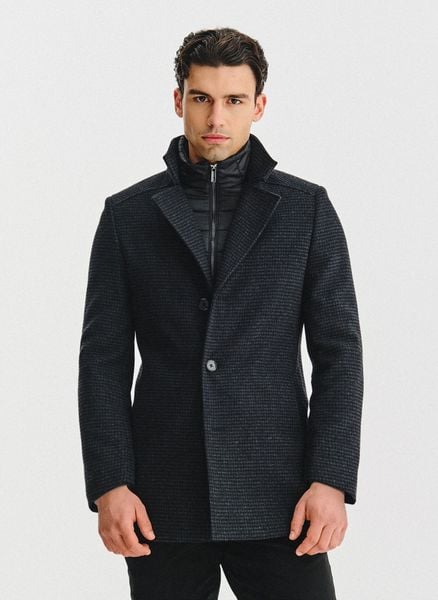 PAKO LORENTE - Ciemnoszary płaszcz w pepitkę. Płaszcze męskie Pako Lorente, na jesień, bez wzorów, z poliesteru, bez kaptura. Za 739.99 zł.