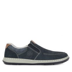 Półbuty Rieker. Niebieskie codzienne półbuty męskie Rieker, bez wzorów, bez obcasa, bez zapięcia. Za 229.99 zł.