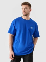 4F T-shirt oversize z nadrukiem męski - niebieski M. Niebieskie t-shirty męskie 4f, m, bez wzorów, z bawełny, bez kołnierzyka, bez ramiączek. W wyprzedaży za 39.99 zł.
