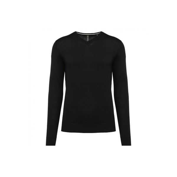 Ekologiczny sweter z dekoltem w szpic Kariban. Czarne swetry męskie KARIBAN, bez wzorów, bez kołnierzyka, bez ramiączek. Za 235.50 zł.