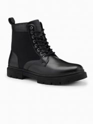 Buty męskie trapery z wysoką cholewką z łączonych materiałów – czarne V1 OM-FOBO-0174 - 46. Czarne buty zimowe męskie Ombre Clothing, bez wzorów, z gumy, z okrągłym noskiem, przed kolano, bez obcasa, bez zapięcia. Za 209.99 zł.