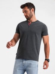 Męski t-shirt z rozpinanym okrągłym dekoltem henley – czarny V4 - Rozmiar: XXL. Czarne t-shirty męskie Ombre Clothing, m, bez wzorów, z bawełny, bez kołnierzyka, bez ramiączek. W wyprzedaży za 82.49 zł.