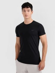 4F T-shirt slim gładki męski - czarny L. Czarne t-shirty męskie 4f, l, bez wzorów, z bawełny, bez kołnierzyka, bez ramiączek. Za 49.99 zł.