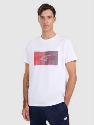 4F T-shirt regular z nadrukiem męski - biały S. Białe t-shirty męskie 4f, m, bez wzorów, z bawełny, bez kołnierzyka, bez ramiączek. Za 69.99 zł.