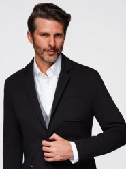 Marynarka męska SLIM z dzianiny o subtelnej strukturze – czarna V2. Czarne marynarki męskie Ombre Clothing, l, bez wzorów, z dzianiny. W wyprzedaży za 314.99 zł.