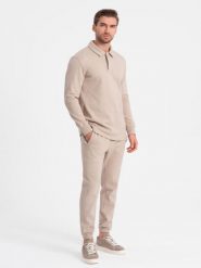Komplet męski dresowy bluza z kołnierzem polo + spodnie - beżowy V2 - Rozmiar: XXL. Brązowe bluzy nierozpinane męskie Ombre Clothing, m, bez wzorów, z bawełny, bez ramiączek, bez kaptura. W wyprzedaży za 262.49 zł.