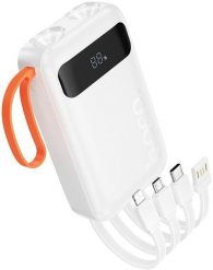 Powerbank Hoco 10000 mAh 2A z wbudowanymi kablami USB A + USB C + Lightning + Micro USB oraz podwójną latarką J151 biały. Białe powerbanki Hoco. Za 50.26 zł.