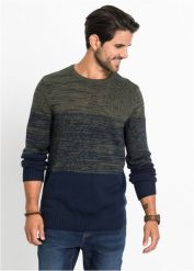 Sweter z cienkiej dzianiny w wygodnym fasonie, z bawełną. Zielone swetry męskie bonprix, bez wzorów, z bawełny, bez kołnierzyka, bez ramiączek. Za 109.99 zł.