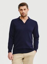 PAKO LORENTE – Męski sweter z kołnierzykiem polo. Niebieskie swetry męskie Pako Lorente, bez wzorów, z poliamidu, bez kołnierzyka, bez ramiączek. Za 149.99 zł.