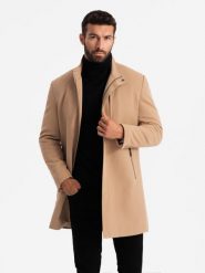 Strukturalny dopasowany płaszcz męski z wysokim kołnierzem – jasnobrązowy V4 OM-COWC-0117 - XXL. Brązowe płaszcze męskie Ombre Clothing, l, z aplikacjami, z materiału, eleganckie, bez kaptura. Za 311.99 zł.