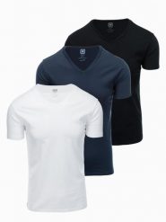 Zestaw męskich t-shirtów bawełnianych V-neck BASIC – czarny/biały/granatowy V1 - Rozmiar: XXL. Białe t-shirty męskie Ombre Clothing, l, bez wzorów, z bawełny, bez kołnierzyka, bez ramiączek. W wyprzedaży za 112.49 zł.