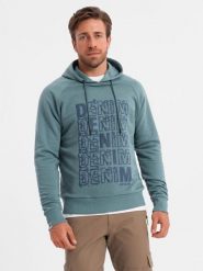 Bluza męska kangurka nierozpinana z kapturem i nadrukiem - turkusowa V2 - Rozmiar: XL. Niebieskie bluzy z kapturem męskie Ombre Clothing, m, bez wzorów, z bawełny, z kapturem. W wyprzedaży za 49.99 zł.