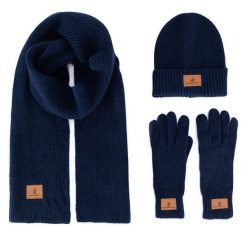 Zestaw czapka, szalik i rękawiczki Beverly Hills Polo Club. Niebieskie czapki męskie Beverly Hills Polo Club, na zimę, bez wzorów. Za 159.99 zł.