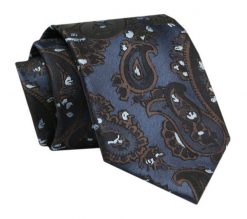 Męski Krawat - ALTIES - Klasyczny - Granatowy z Brązowym Motywem Paisley. Niebieskie krawaty i muchy męskie Alties, bez wzorów, z tkaniny, eleganckie. Za 49.00 zł.