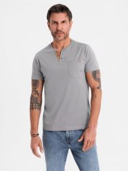 Męski t-shirt z dekoltem na guziki i zamszowym wykończeniem – szary V3 OM-TSCT-0206 - XXL. Szare t-shirty męskie Ombre Clothing, l, bez wzorów, z bawełny, bez kołnierzyka, bez ramiączek. Za 77.99 zł.