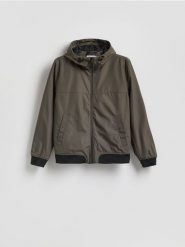 Kurtka wiatrówka z podszewką - ciemnozielony. Zielone kurtki męskie Reserved, l, bez wzorów, z tkaniny, bez ramiączek, bez kaptura. Za 149.99 zł.