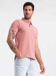 Ombre Męska jednokolorowa koszulka polo BASIC z dzianiny pique - ciemnoróżowa V7 OM-POBS-0100 L. Czerwone koszulki polo męskie Ombre, l, bez wzorów, z dzianiny, bez kołnierzyka, bez ramiączek. Za 79.99 zł.