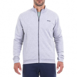 Bluza w kolorze jasnoszarym. Szare bluzy rozpinane męskie Jeep, z nadrukiem, prążkowane. W wyprzedaży za 114.95 zł.