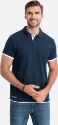 Ombre Bawełniana męska koszulka polo z kontrastowymi wykończeniami granatowa V4 OM-POSS-0113 M. Koszulki polo męskie Ombre, m, bez wzorów, z bawełny, bez kołnierzyka, bez ramiączek. Za 89.99 zł.