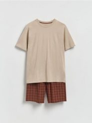 Dwuczęściowa piżama z bawełny - beżowy. Brązowe piżamy męskie Reserved, l, bez wzorów, z bawełny, bez kołnierzyka, bez ramiączek. Za 89.99 zł.